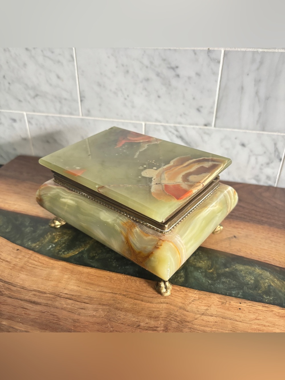 Vintage Green and Brown Marble Onyx Stone and Brass Footed Jewelry Trinket Box - Picture 12 of 12